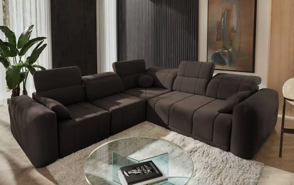 Günstig Ecksofa mit Schlaffunktion Cetara III braun links Ergonomisches Ecksofa mit verschiebbarer Rückenlehne und verstellbaren Kopfstützen