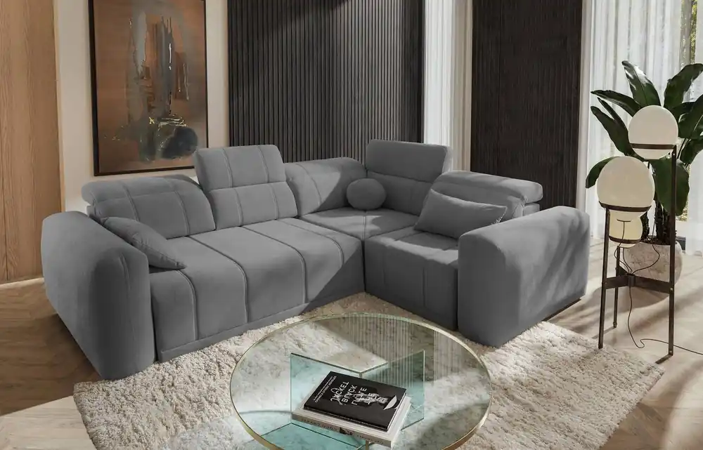 Ecksofa mit Schlaffunktion Cetara II grau rechte Seite stilvolles Design verschiebbare Rückenlehnen verstellbare Kopfstützen und Bettzeugbehälter Letzte Chance