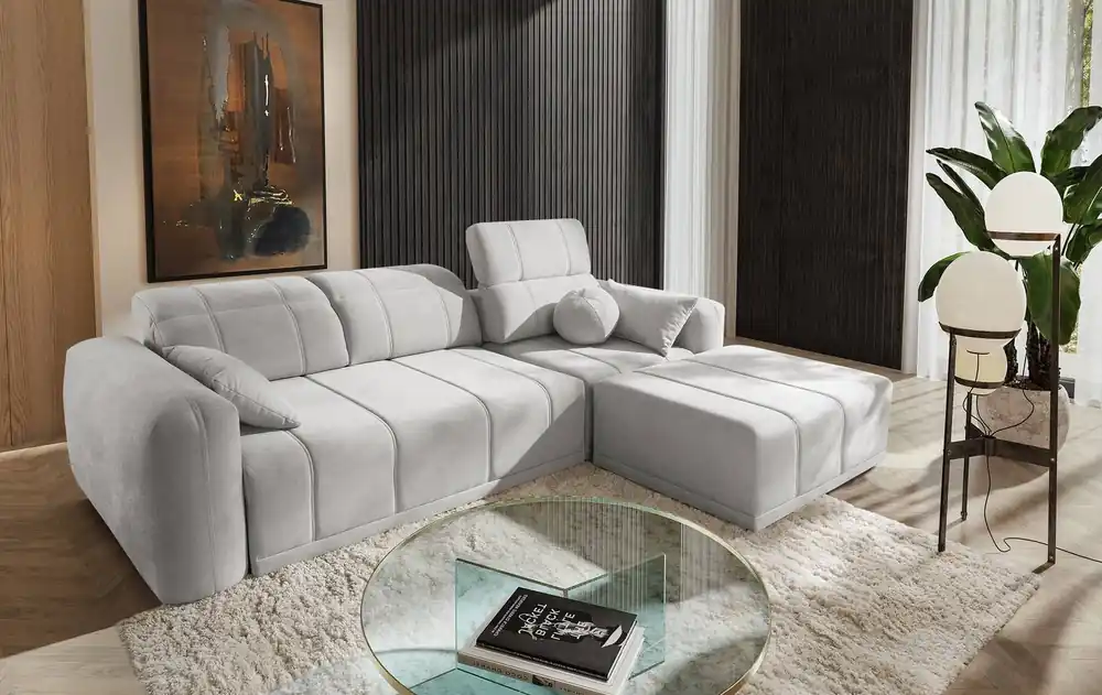 Ecksofa mit Schlaffunktion Cetara grau Esche rechts stilvolles Design bequeme verschiebbare Rückenlehnen verstellbare Kopfstützen Abverkauf