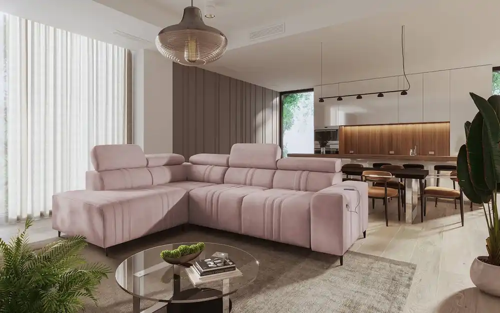 Ecksofa mit Schlaffunktion Castel VII rosa links stilvolles Ecksofa mit Bettzeugablage und verstellbaren Kopfstützen Knallerangebot