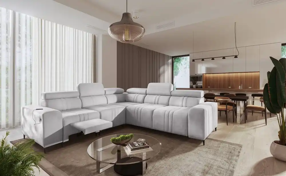 Must-Have Ecksofa mit Schlaffunktion Castel III Lux grau Esche links äußerst bequemes Ecksofa für das Wohnzimmer mit ausziehbarer Fußstütze