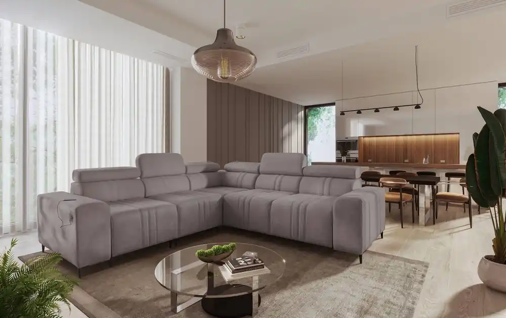 Must-Have Ecksofa mit Schlaffunktion Castel III grau-braun links Ecksofa mit zwei Bettkästen verstellbare Kopfstützen