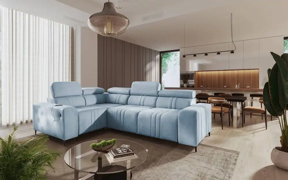 Ecksofa mit Schlaffunktion Castel II blau links bequemes Ecksofa mit verstellbaren Kopfstützen Bettzeugcontainer Sichere Zahlung
