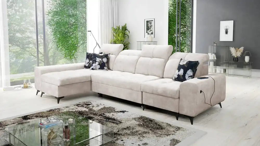 Ecksofa mit Schlaffunktion Buffalo XII Creme linke Seite stilvolles und funktionelles Ecksofa mit Bettzeugcontainer Heißes Angebot