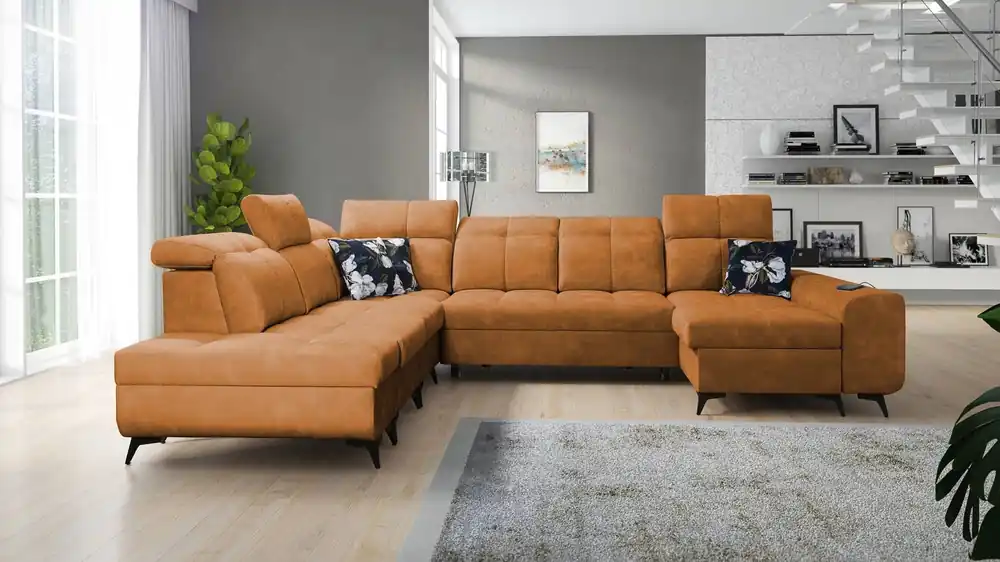 Ecksofa mit Schlaffunktion Buffalo X Honig rechts funktionelles und bequemes Ecksofa für ein Zimmer mit Bettzeugcontainern Neue Ware