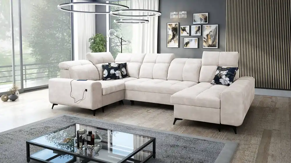 Neue Ware Ecksofa mit Schlaffunktion Buffalo IV creme rechte Seite stilvolles Ecksofa mit zwei Bettkästen Veloursstoff
