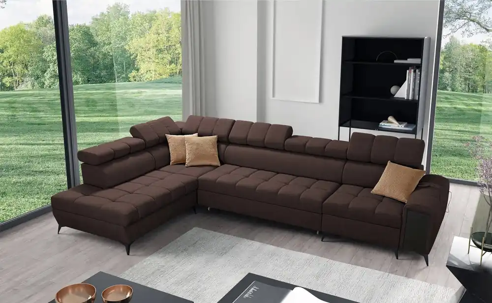 Ecksofa mit Schlaffunktion Bolmso XI braun linke Seite stilvolles Design Ecksofa mit Schublade und Bettzeugcontainer Direktkauf