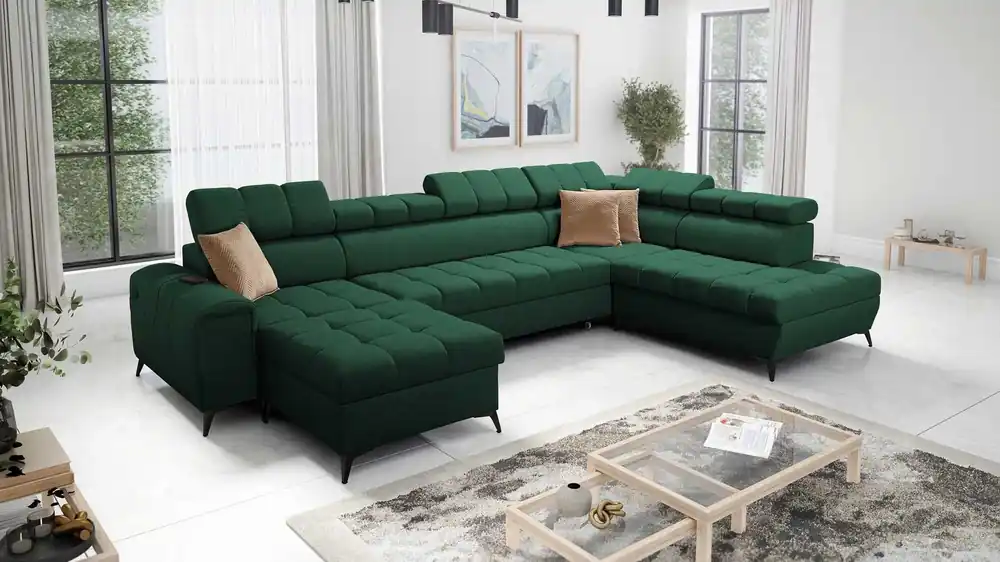 Sonderangebot Ecksofa mit Schlaffunktion Bolmso VI grün links bequemes Ecksofa mit verstellbaren Kopfstützen dekorative Steppung auf der Sitzfläche