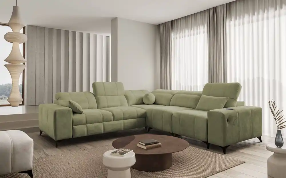 Abverkauf Ecksofa mit Schlaffunktion Penejos III olive rechts äußerst bequemes und praktisches Ecksofa für das Wohnzimmer zwei Container für Bettzeug