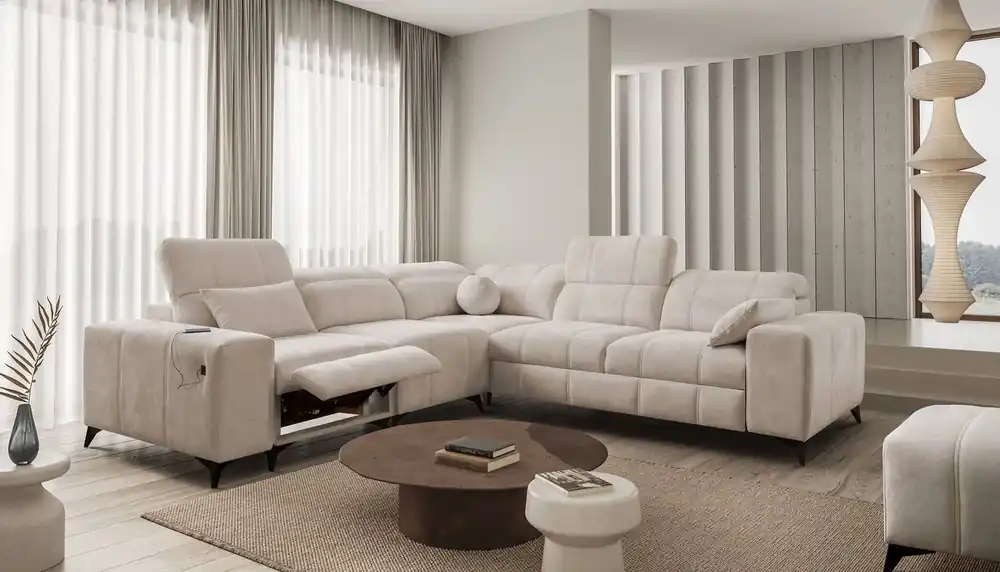 Abverkauf Ecksofa mit Schlaffunktion Penejos III Lux beige links bequemes Ecksofa für das Wohnzimmer mit ausziehbarem Fußteil Bettwäschecontainer
