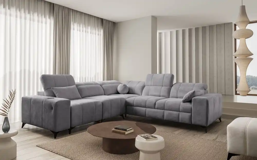 Ecksofa mit Schlaffunktion Penejos III hellgrau links bequemes Ecksofa für das Wohnzimmer zwei Container für Bettzeug Rabatt
