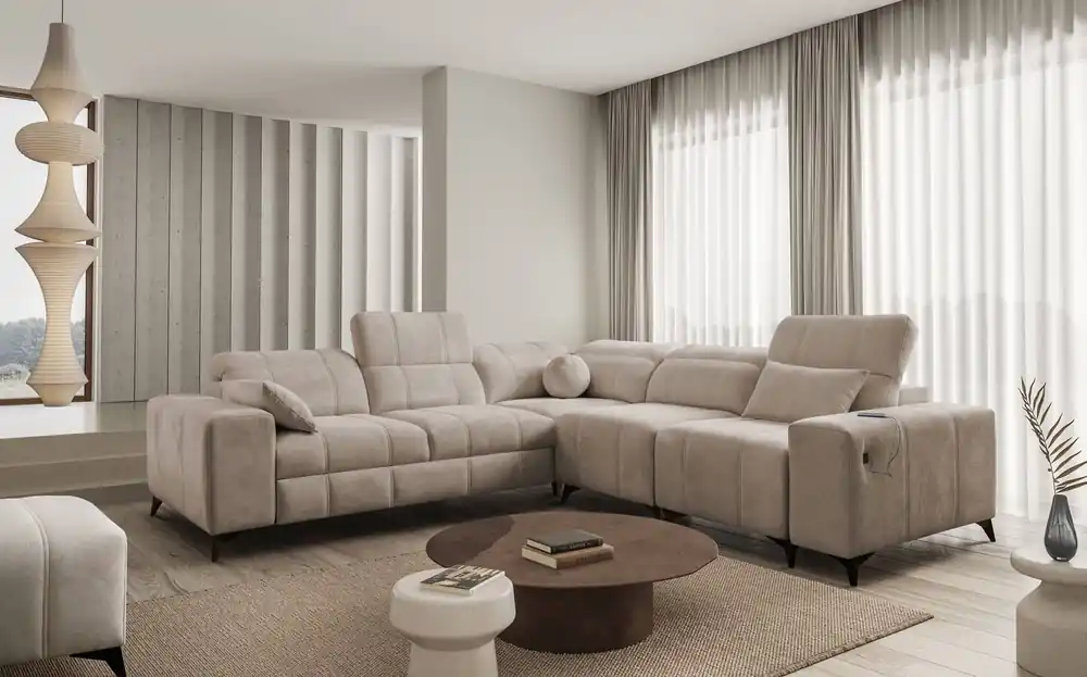 Ecksofa mit Schlaffunktion Penejos III dunkelbeige rechte Seite bequemes und praktisches Ecksofa für Wohnzimmer zwei Container für Bettzeug Neu Im Sortiment