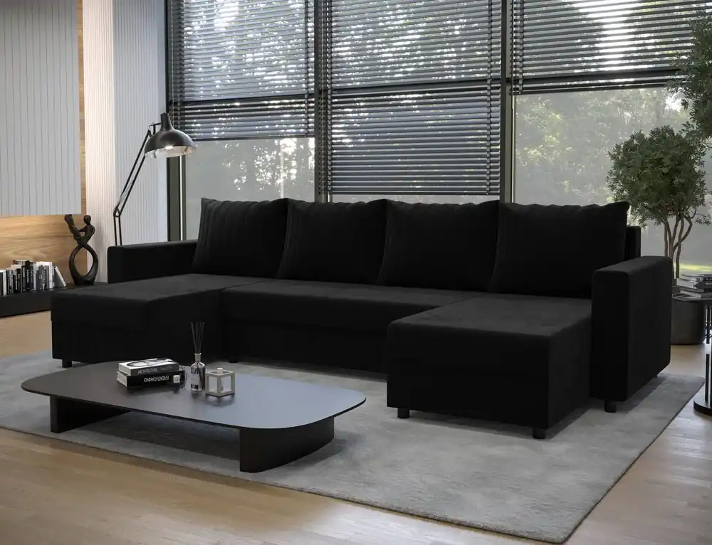 Ecksofa mit Schlaffunktion Pasco U schwarz klassisches Design geschmackvoller Korpus mit garantierter Funktionalität und Komfort weicher Stoff Neu