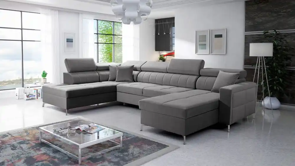 Ecksofa mit Schlaffunktion Nausa VI grau rechte Seite stilvolles Ecksofa für Wohnzimmer mit komfortabler Verarbeitung weichen Samtstoff Online Kaufen
