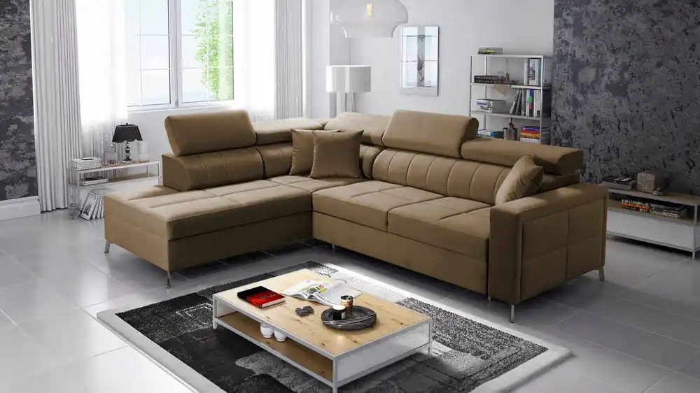 Ecksofa mit Schlaffunktion Nausa III hellbraun linksseitig Samt stilvolles bequemes Ecksofa verstellbare Kopfstützen Container für Bettzeug Sonderangebot