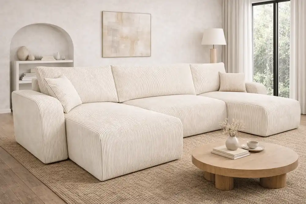 Sale Ecksofa mit Schlaffunktion Fiesta U XL elfenbein elegantes Ecksofa für Wohnzimmer mit Bettzeugablage Kordstoff
