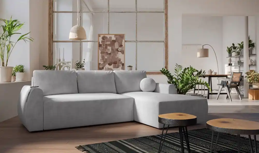 Top-Seller Ecksofa mit Schlaffunktion Colio grau Esche rechts stilvolles Ecksofa mit interessanter Form Zierkissen Ball