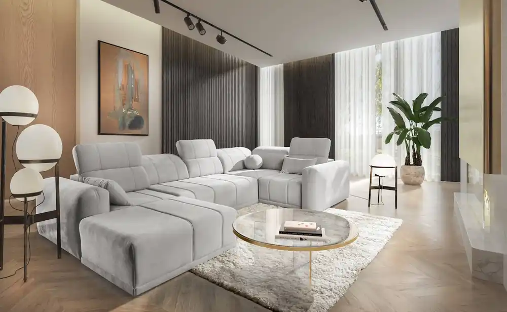 Wochenendangebot Ecksofa mit Schlaffunktion Cetara IV grau Esche links Design-Ecksofa mit verschiebbaren Rückenlehnen zwei Bettkästen