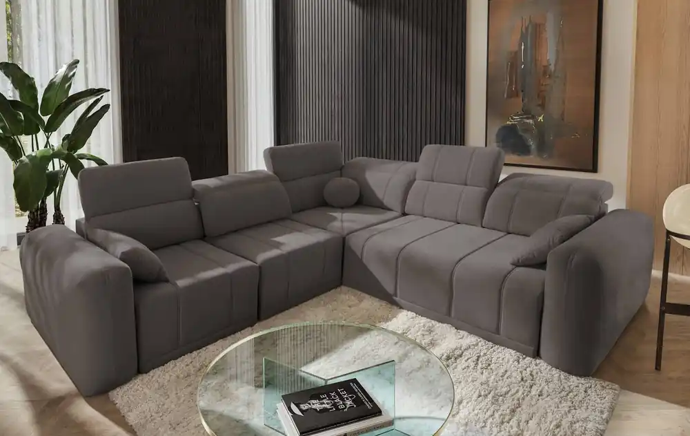 Ecksofa mit Schlaffunktion Cetara III grau-braun links Ergonomisches Ecksofa mit verschiebbarer Rückenlehne und verstellbaren Kopfstützen Billig