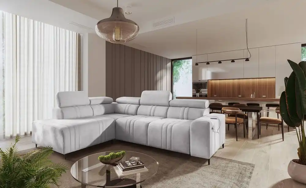 Ecksofa mit Schlaffunktion Castel VII grau Esche links stilvolles Ecksofa mit Bettzeugablage und verstellbaren Kopfstützen Ausverkauf