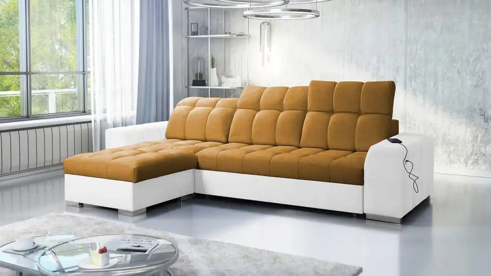 Ecksofa mit Schlaffunktion Luigi honig / weiß links Ecksofa mit zwei Bettkästen Stoff mit einer interessanten Struktur Letzte Chance