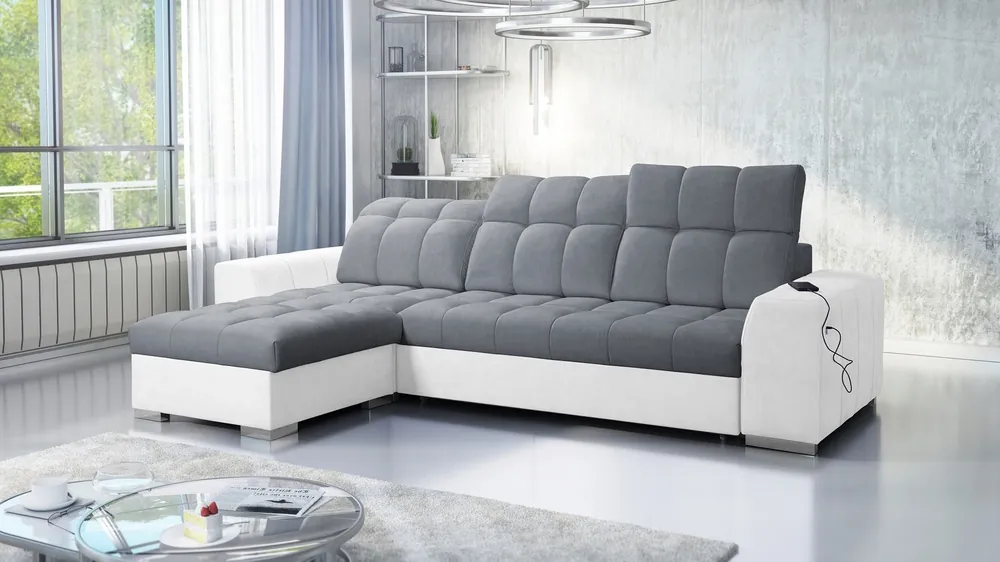 Ecksofa mit Schlaffunktion Luigi grau / weiß links Ecksofa mit zwei Bettkästen Stoff mit interessanter Struktur Rabatt