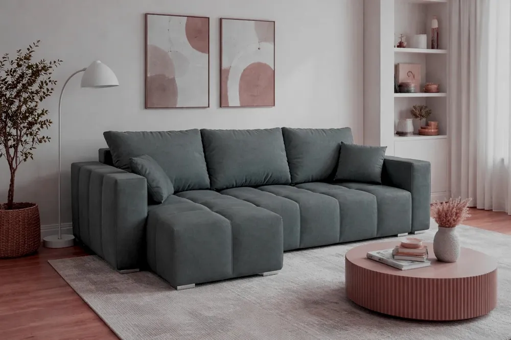 Ecksofa mit Schlaffunktion Linco dunkelgrau universal Ecksofa mit modernem Design aus weichem Plüschstoff Neue Kollektion