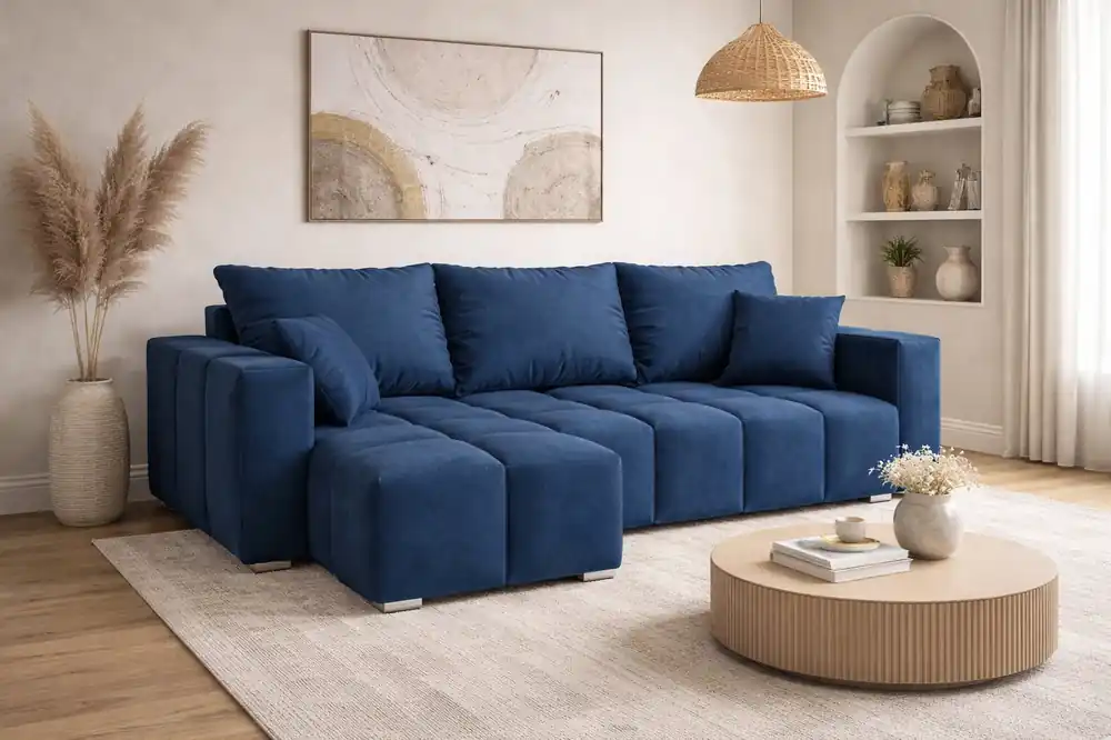 Ecksofa mit Schlaffunktion Linco dunkelblau universal Ecksofa mit modernem Design aus weichem Plüschstoff Markenprodukt