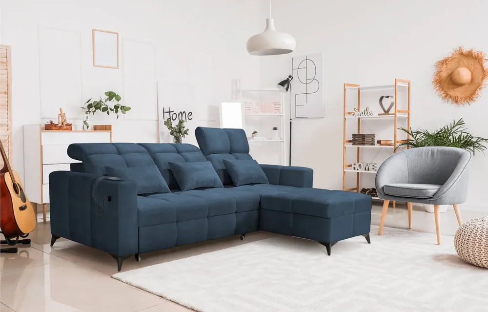 Ecksofa mit Schlaffunktion Laredo blau rechte Ecke komfortables und stilvolles Schlafsofa mit Bettzeugcontainer Neue Kollektion