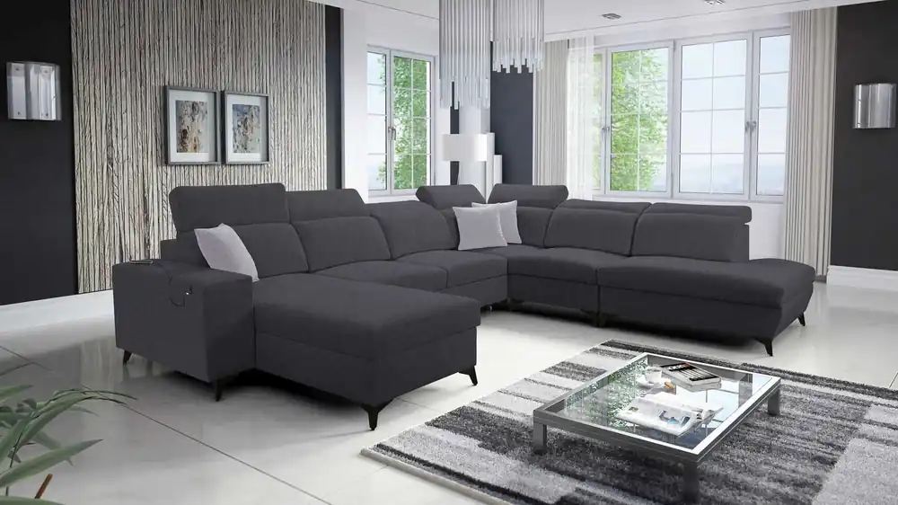 Zertifiziert Ecksofa mit Schlaffunktion Kelly Sleek X graphit links extrem elegantes Ecksofa für Wohnzimmer mit verstellbaren Kopfstützen