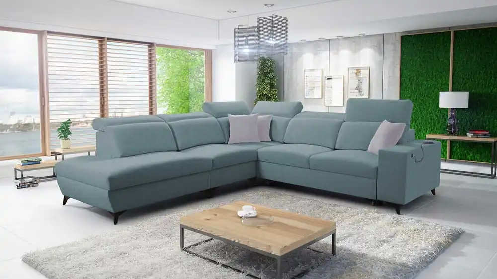 Garantierte Lieferung Ecksofa mit Schlaffunktion Kelly Sleek IX arctic blau linkes bequemen Armlehnen und verstellbaren Kopfstützen