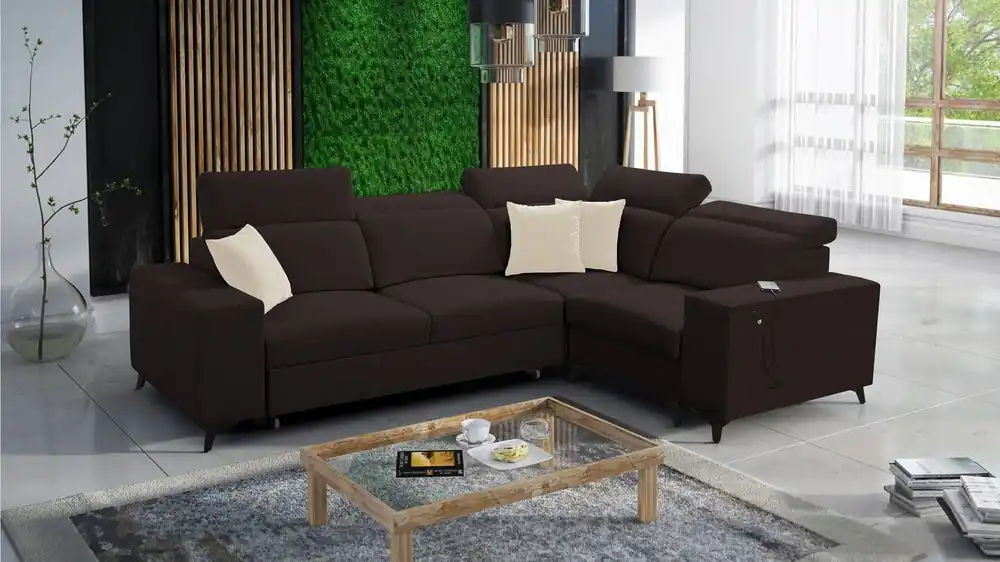 Echt Ecksofa mit Schlaffunktion Kelly Sleek II braun rechte Seite elegantes Ecksofa für Wohnzimmer aus strapazierfähigem Webstoff