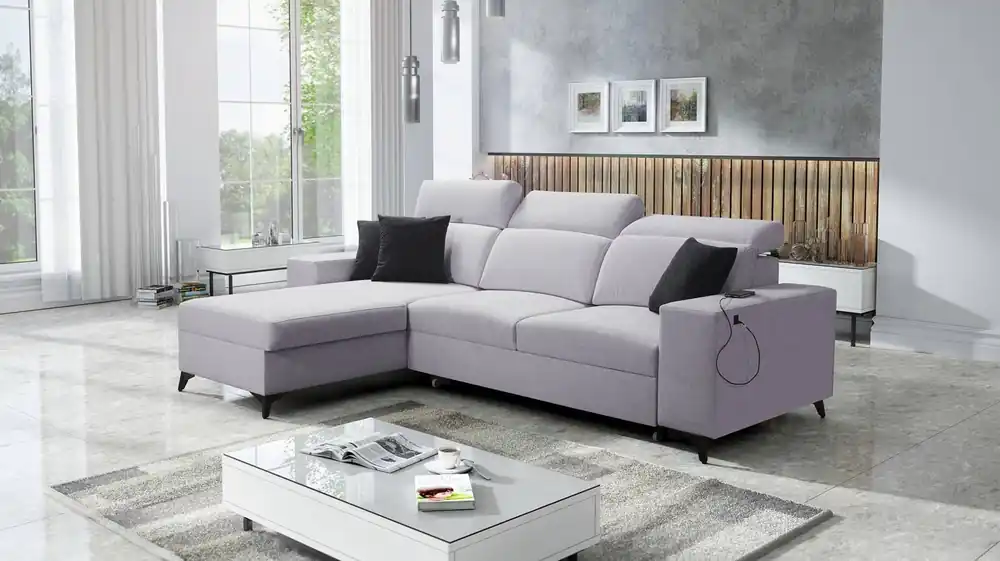 Preiswert Ecksofa mit Schlaffunktion Kelly Sleek grau Esche links geflochten bequem und funktional Ecksofa für Wohnzimmer