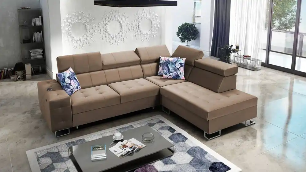 Ecksofa mit Schlaffunktion Hampton VII hellbraunes rechtes Ecksofa für den Raum aus Samtstoff mit glatter Oberfläche Highlight