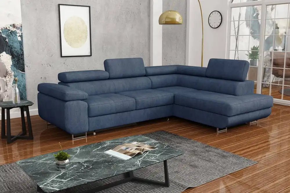 Ecksofa mit Schlaffunktion Ganta blue denim rechte Seite moderner Veloursstoff garantiert höchsten Komfort und Funktionalität Garantierte Lieferung