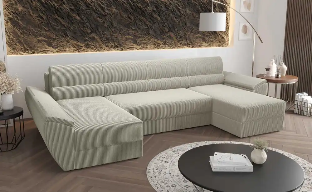 Neue Kollektion Ecksofa mit Schlaffunktion Fogu U III elfenbeinfarbenes stilvolles Ecksofa mit Armlehnen und Bettzeugablage Cordstoff