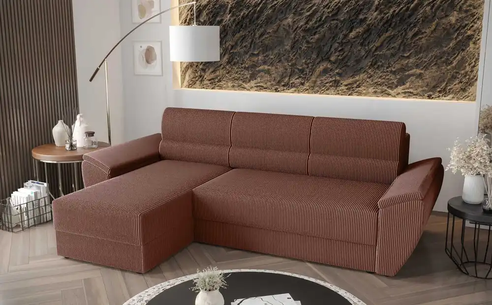 Top-Preis Ecksofa mit Schlaffunktion Fogu II Indian pink linke Seite stilvolles Ecksofa mit bequemen Armlehnen und Bettzeugcontainer
