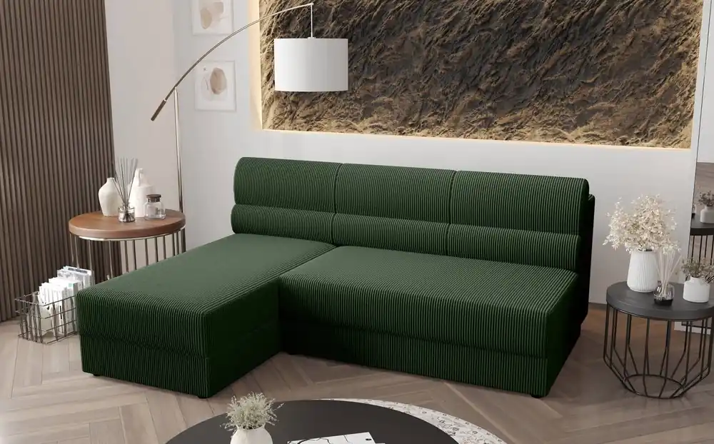 Ecksofa mit Schlaffunktion Fogu grün linke Seite stilvolle Ecksofa mit einfachem Design mit Cord-Stoff Bettzeug Container abgedeckt Heißes Angebot