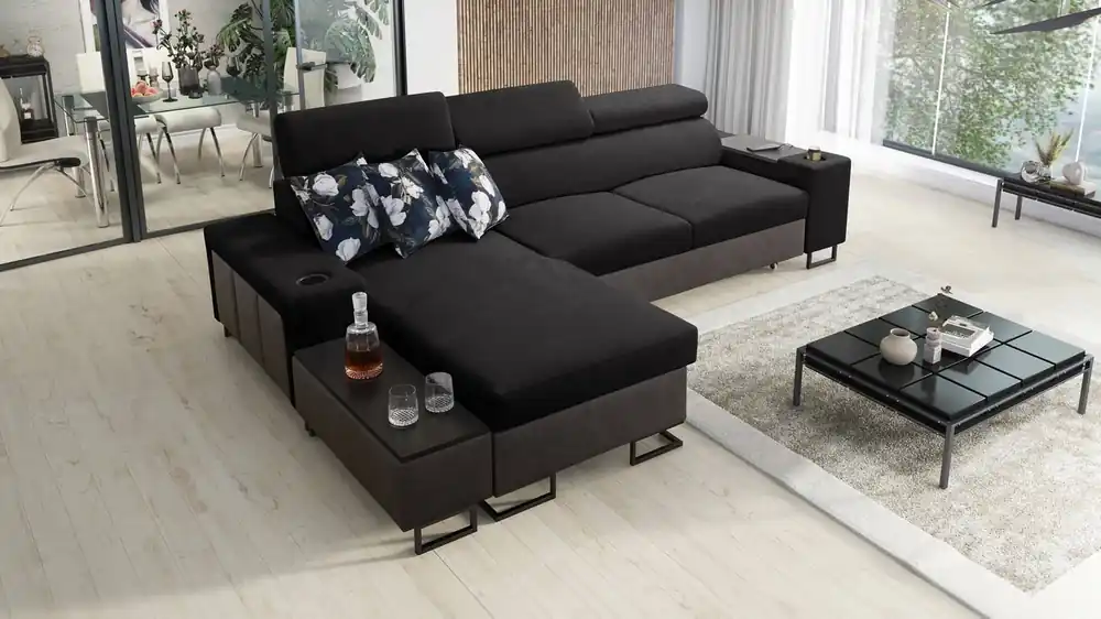 Ecksofa mit Schlaffunktion Flavio schwarz / graphit links elegantes Ecksofa mit einer seitlich zu öffnenden Verlängerungsstange Neu