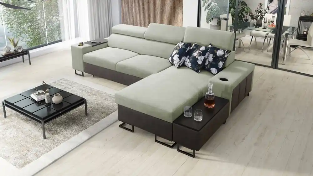Zertifiziert Ecksofa mit Schlaffunktion Flavio mint / graphit rechts elegantes Ecksofa mit einer seitlich zu öffnenden Verlängerungsstange des Möbels