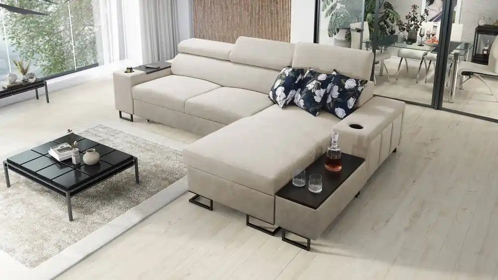 Ecksofa mit Schlaffunktion Flavio hellbeige/beige rechts elegantes Ecksofa mit offener Bar an der Seite des Möbels Expressversand
