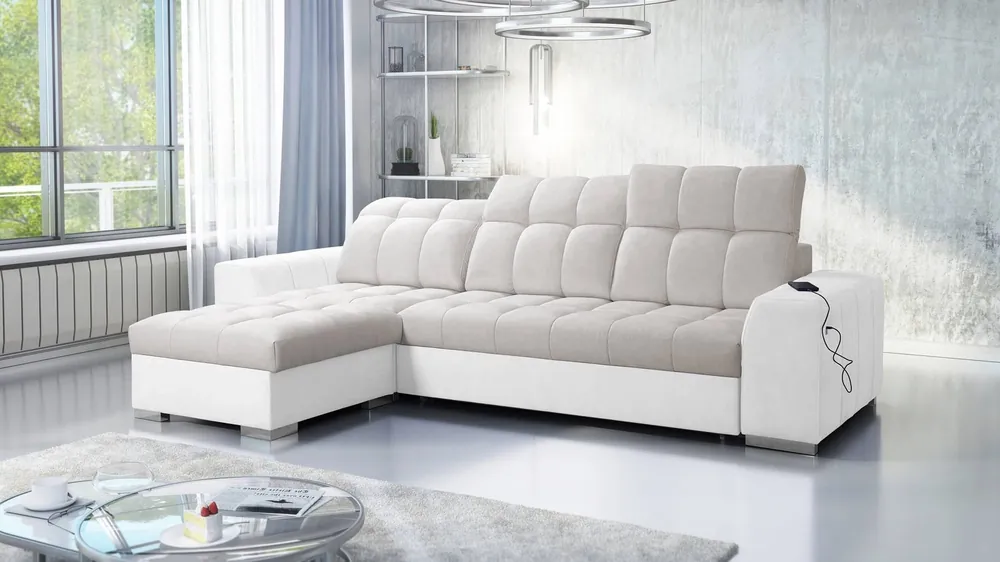 Ecksofa mit Schlaffunktion Luigi hellbeige/weiß links Ecksofa mit zwei Bettkästen Stoff mit interessanter Struktur Neu Im Sortiment