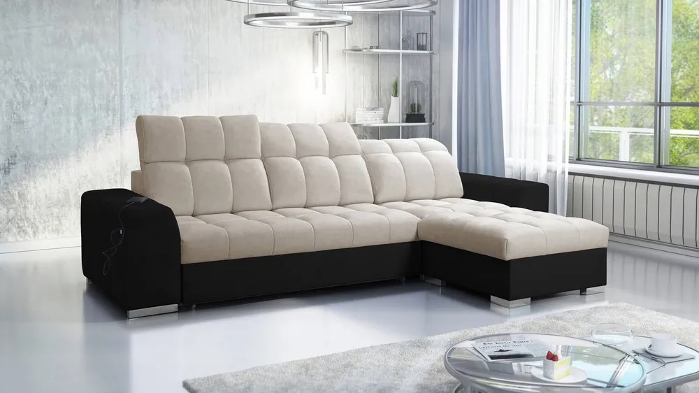 Geprüft Ecksofa mit Schlaffunktion Luigi beige / schwarz rechtes Ecksofa mit zwei Bettkästen Stoff mit interessanter Struktur