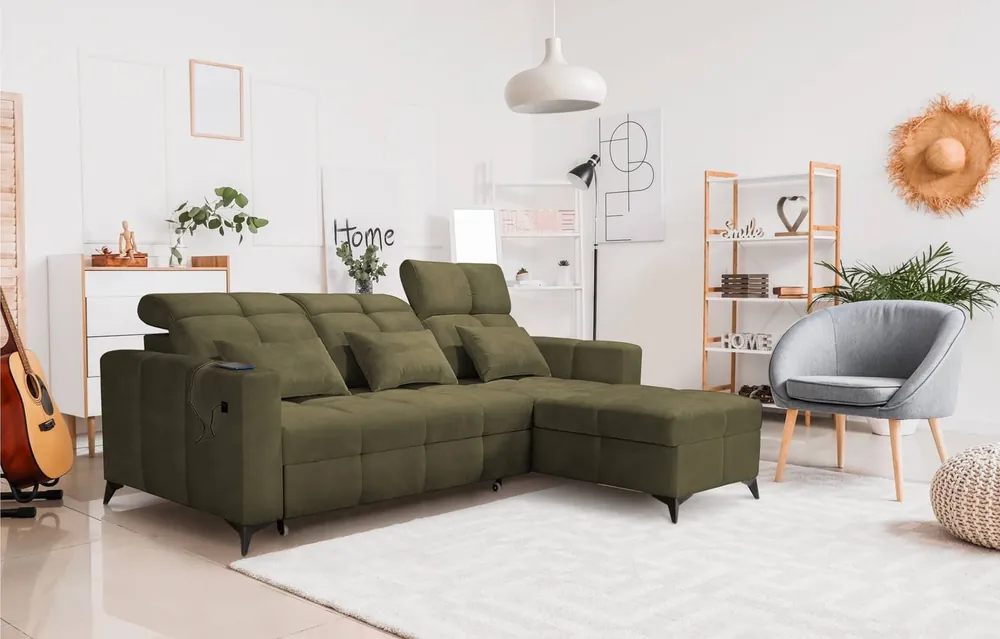 Sichere Zahlung Ecksofa mit Schlaffunktion Laredo olive rechte Ecke komfortables und stilvolles Schlafsofa mit Bettzeugcontainer