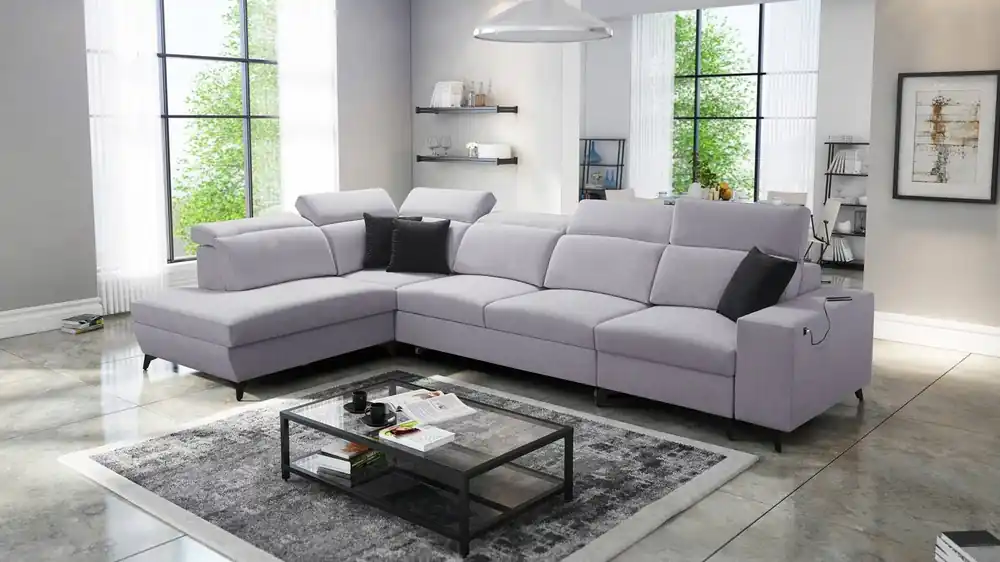 Bestseller Ecksofa mit Schlaffunktion Kelly Sleek XI graue Esche linke Seite stilvolles und bequemes Ecksofa aus strapazierfähigem Webstoff