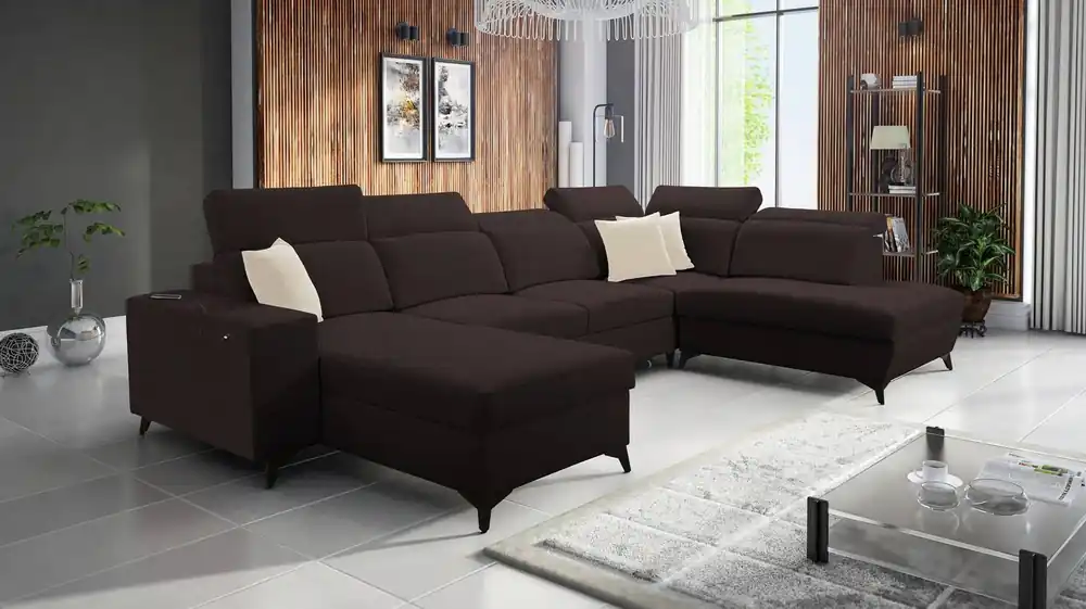 Ecksofa mit Schlaffunktion Kelly Sleek VI braun linke Seite modernes Design Ecksofa für Wohnzimmer mit verstellbaren Kopfstützen Zertifiziert