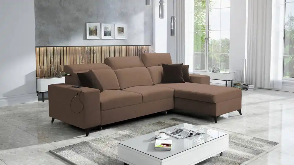 Ecksofa mit Schlaffunktion Kelly Sleek hellbraun rechtsseitig kariert bequemes und funktionelles Ecksofa für Wohnzimmer Direkt Vom Hersteller