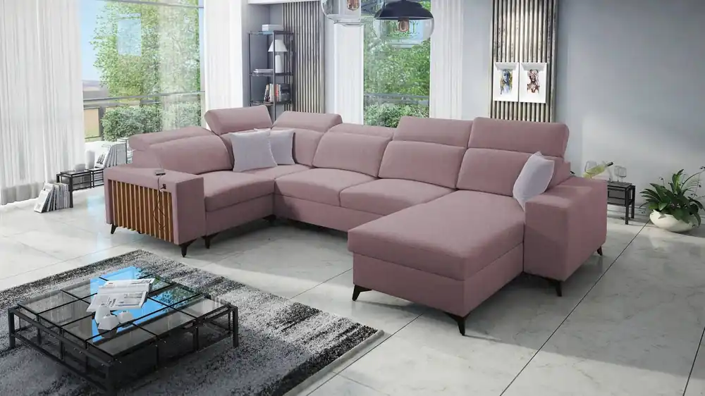 Direktkauf Ecksofa mit Schlaffunktion Kelly IV lavendel rosa rechtsseitig geflochtenes bequemes Ecksofa verstellbare Kopfstützen seitlich mit Latten verkleidet