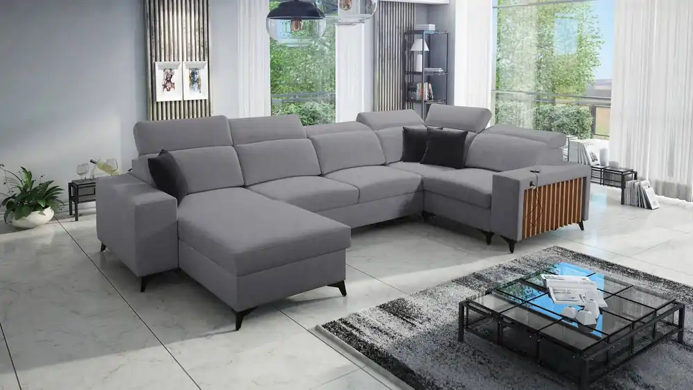 Ecksofa mit Schlaffunktion Kelly IV grau links geflochten bequemes Ecksofa verstellbare Kopfstützen seitlich mit Latten verkleidet Top-Preis