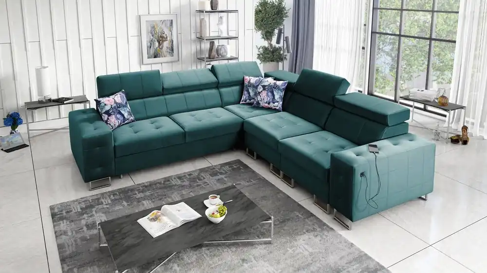Ecksofa mit Schlaffunktion Hampton III sea right komfortables Ecksofa aus glattem und weichem Samtstoff Echt